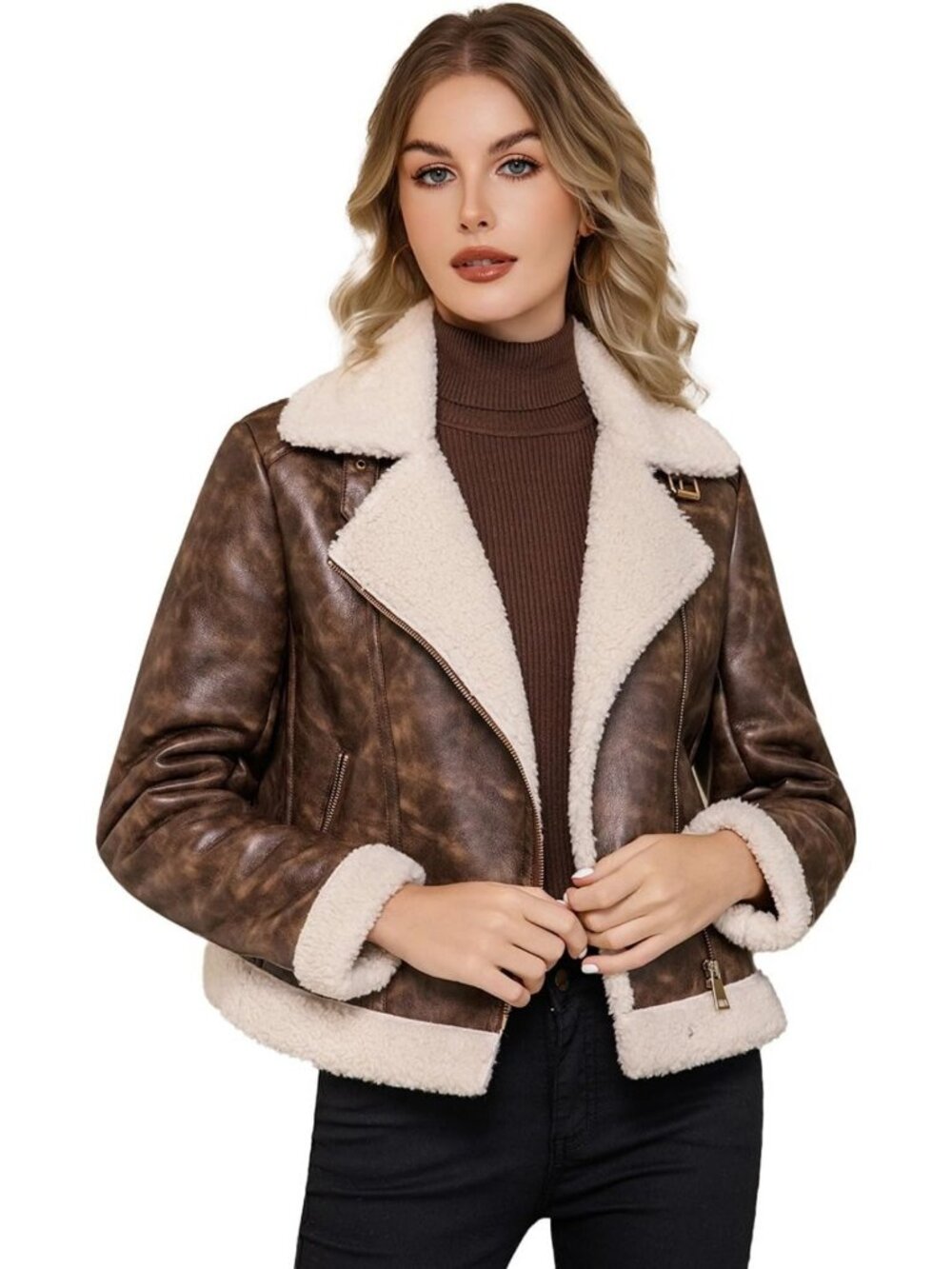 Cozy Faux Fur Leather Jacket for Women - Sherpa Lined Shearling Coat